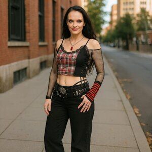 Current Mood Red Plaid and Black Mesh Crop Top